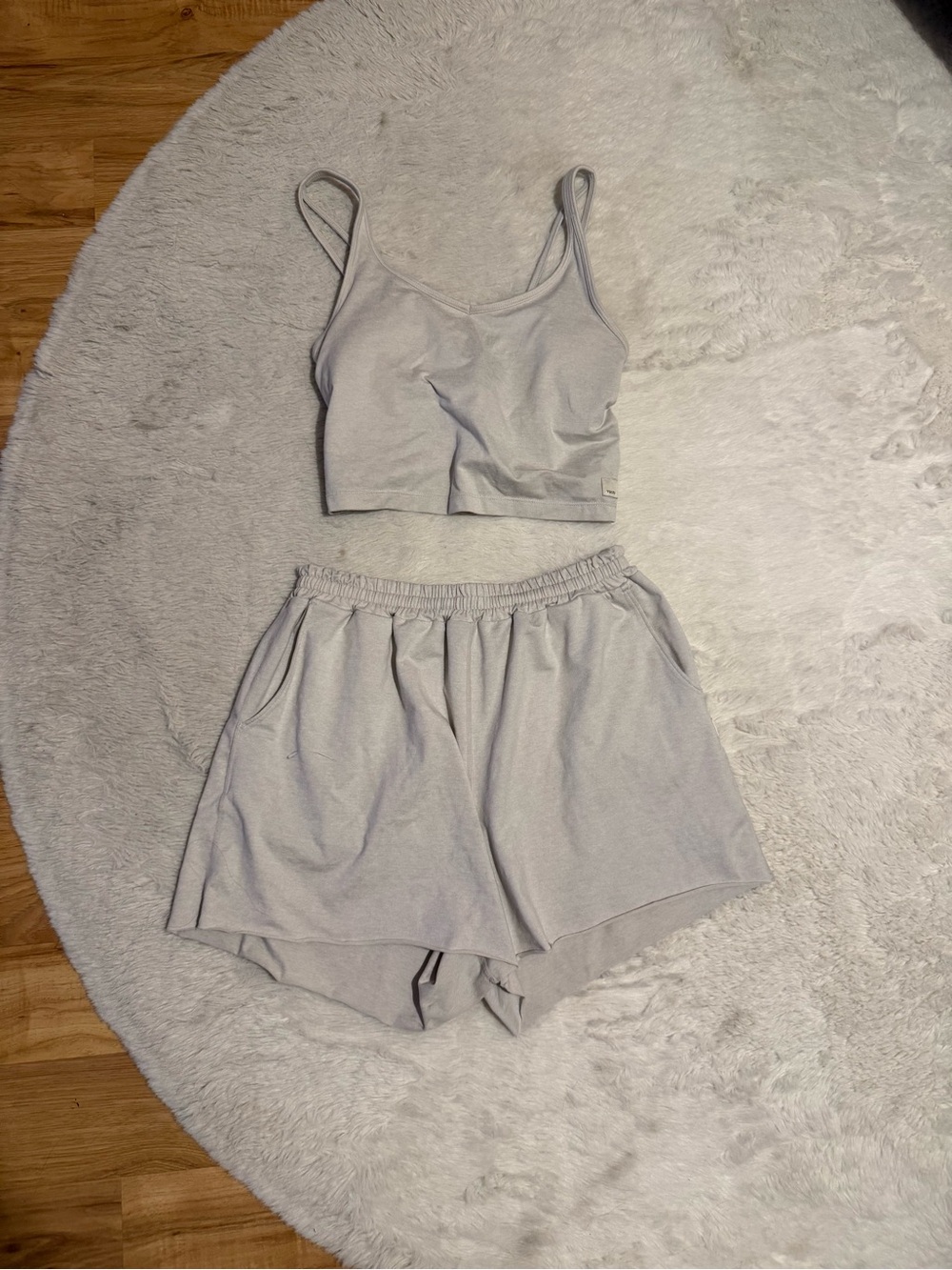 Vuori Light Gray Lounge Crop Tank and Pull-On Shorts Set